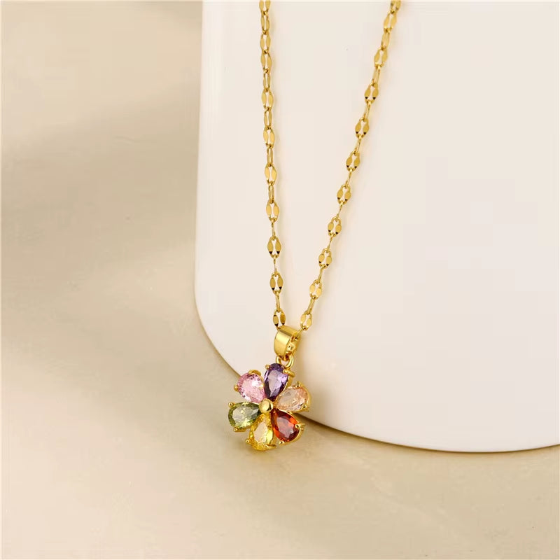 316L Stainless Steel Light Luxury Colorful Rhinestone Flower Pendant Necklace for Women Wife Festive Gift