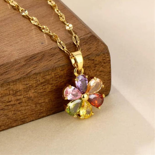 316L Stainless Steel Light Luxury Colorful Rhinestone Flower Pendant Necklace for Women Wife Festive Gift