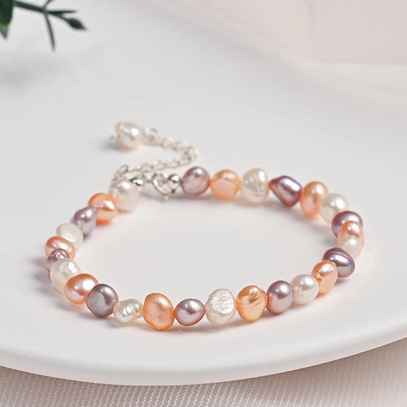 5-6Mm Natural Freshwater Pearls Baroque Shape Mixed Color Bracelet S925 Sterling Silver Simple Style Fashion Jewelry for Women