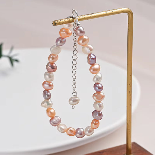 5-6Mm Natural Freshwater Pearls Baroque Shape Mixed Color Bracelet S925 Sterling Silver Simple Style Fashion Jewelry for Women