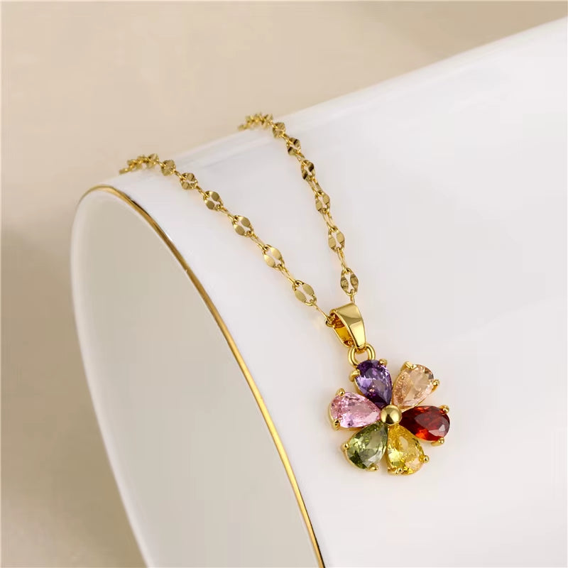 316L Stainless Steel Light Luxury Colorful Rhinestone Flower Pendant Necklace for Women Wife Festive Gift